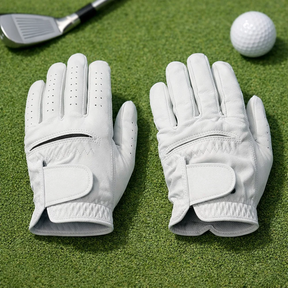 Two golf gloves arranged to suggest different fit options.