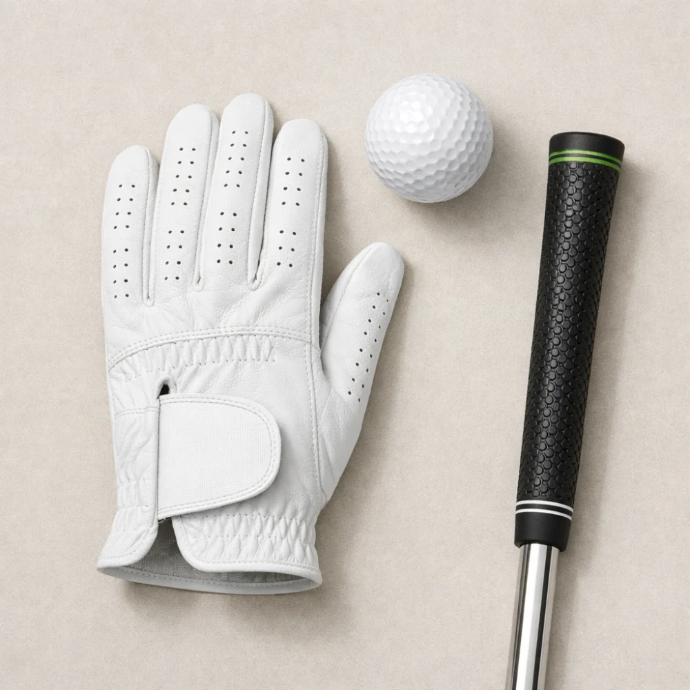 A golf glove shown beside a golf ball and club grip on a neutral background.