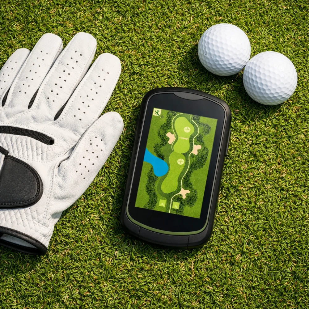 Generic handheld golf GPS device on grass beside golf accessories