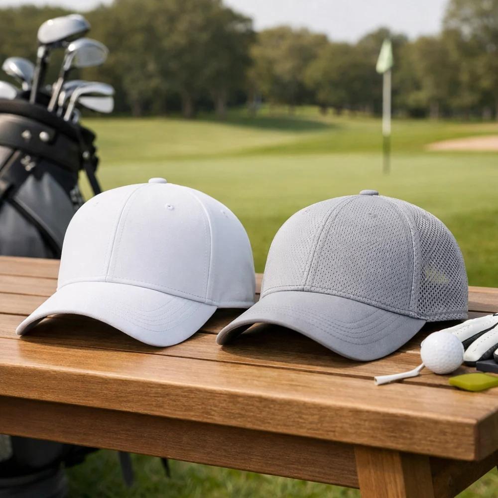 Two generic golf caps shown side by side to compare shape and structure.