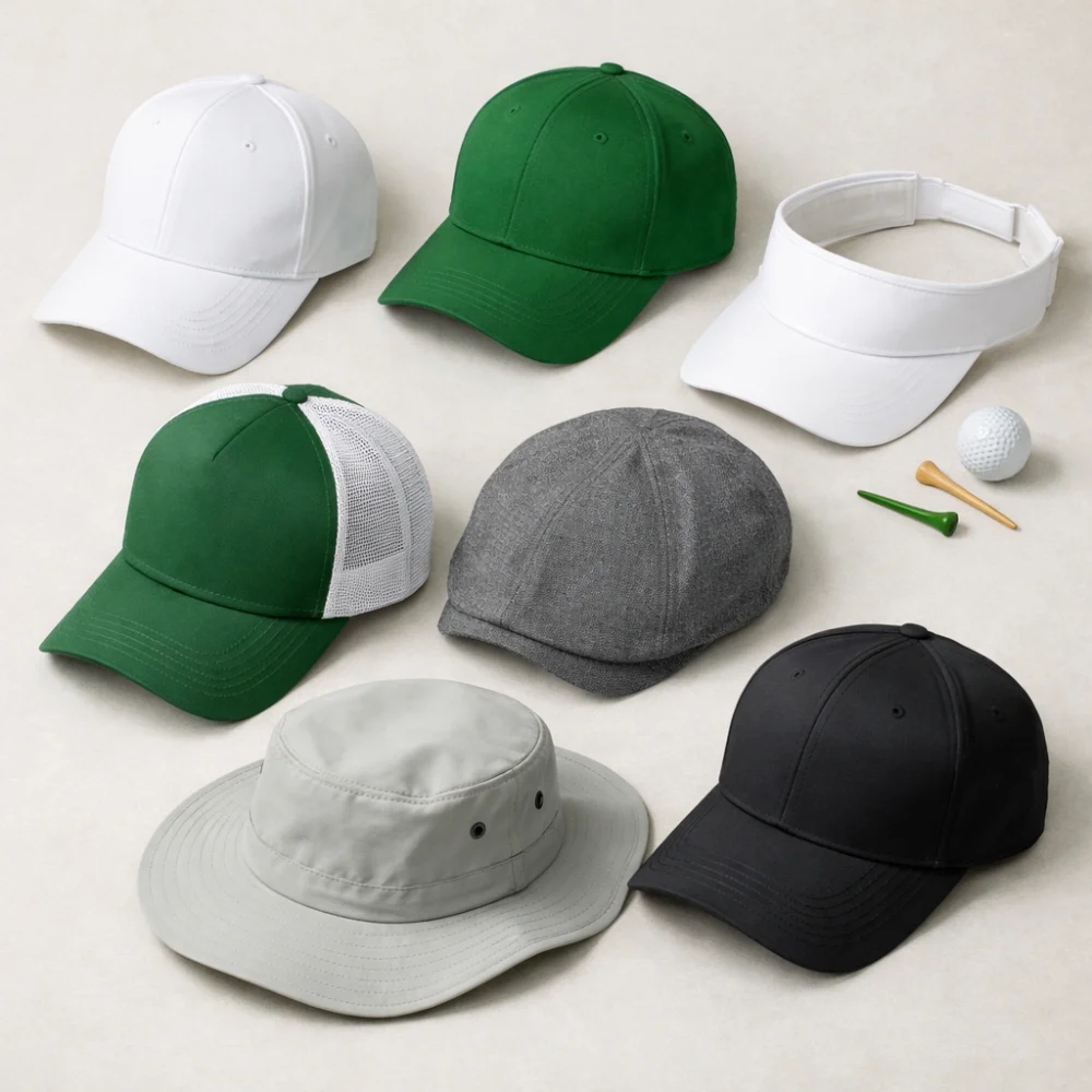 A selection of generic golf hats and caps arranged on a neutral background.