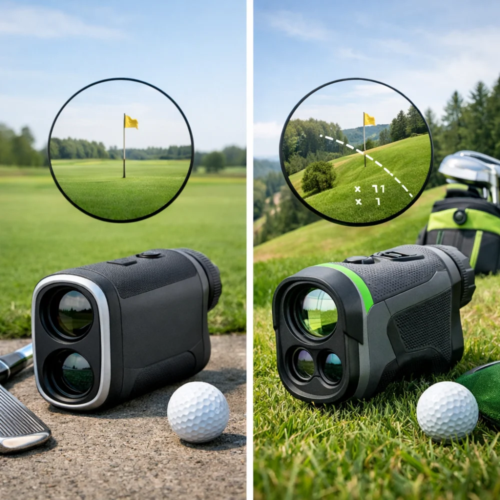 Two golf laser rangefinder concepts shown side by side for comparison