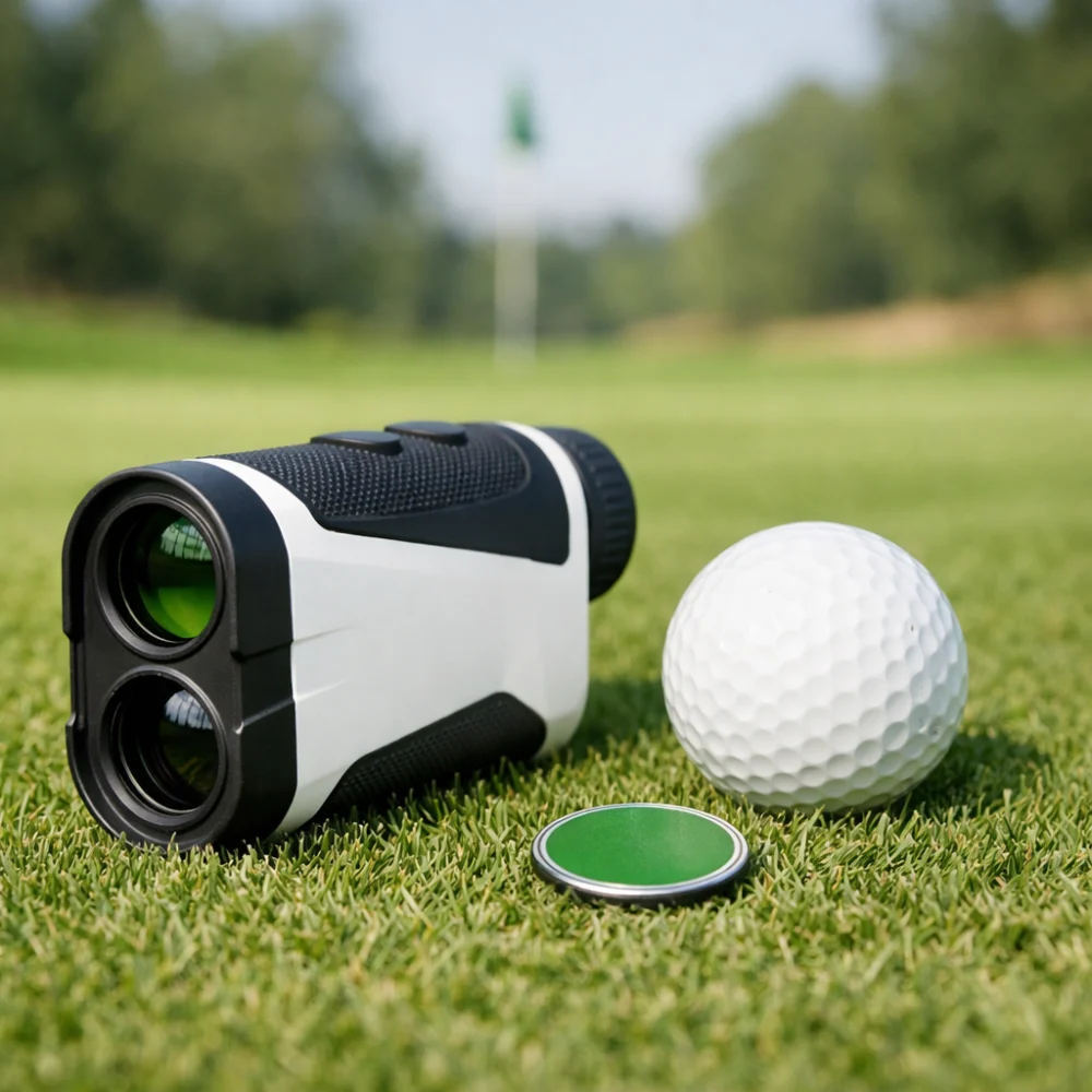 A golf laser rangefinder with a golf ball marker on short fairway grass