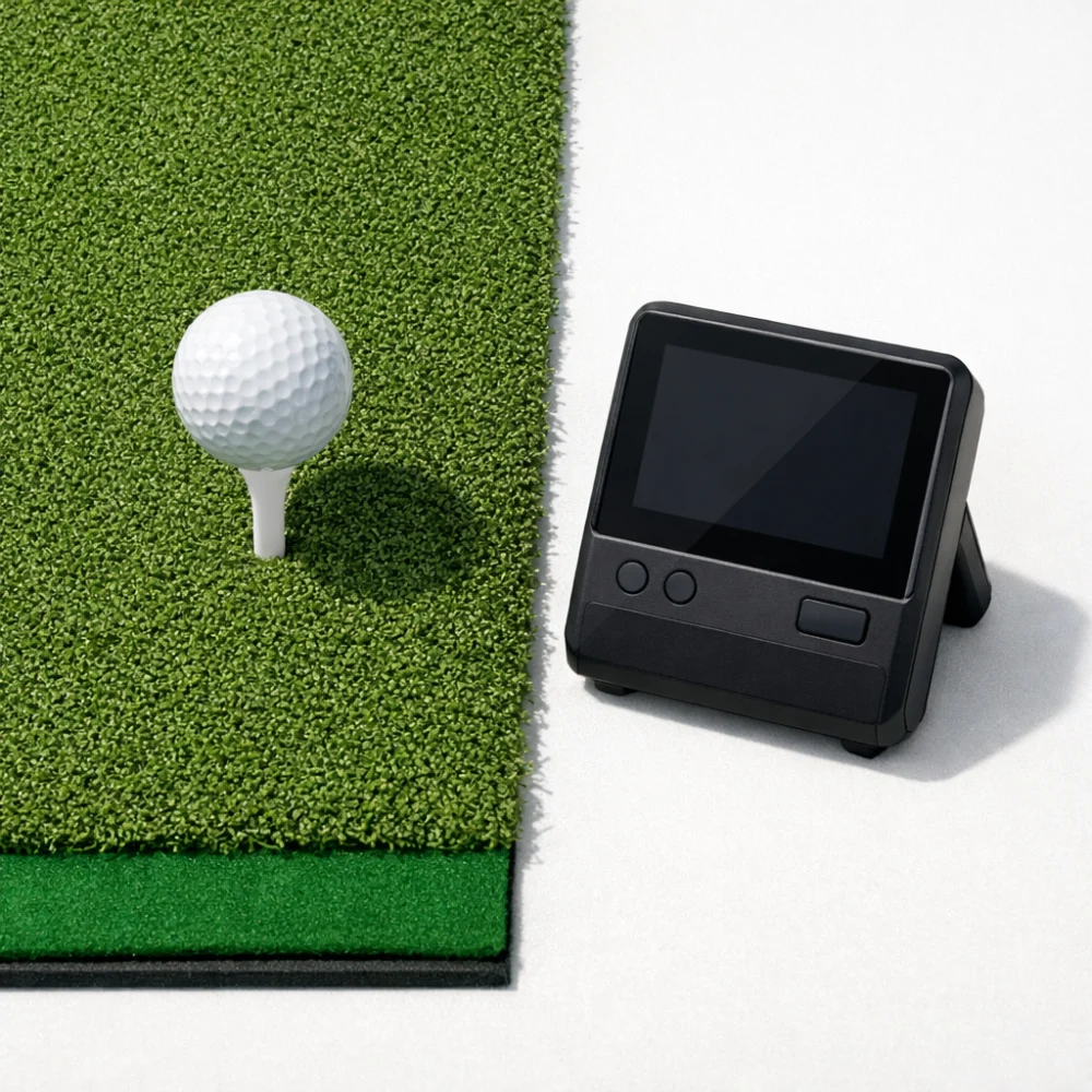 A generic golf launch monitor beside a golf ball and practice mat in an indoor golf setup.