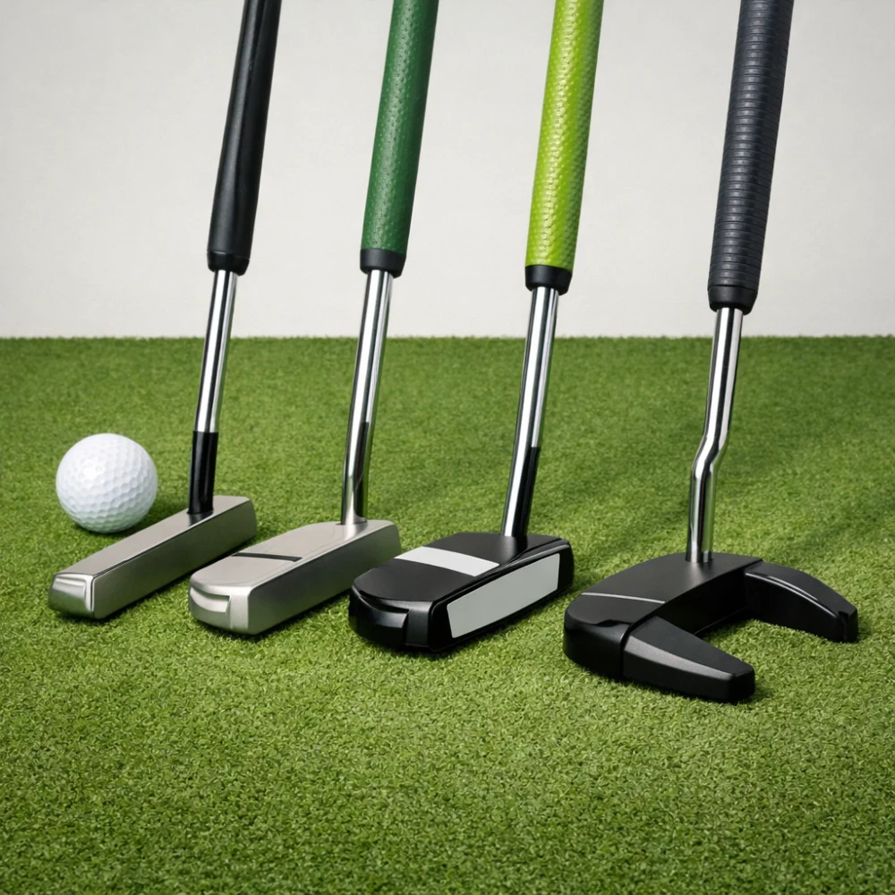 Several golf putters displayed on green turf to show different head shapes and grip styles.