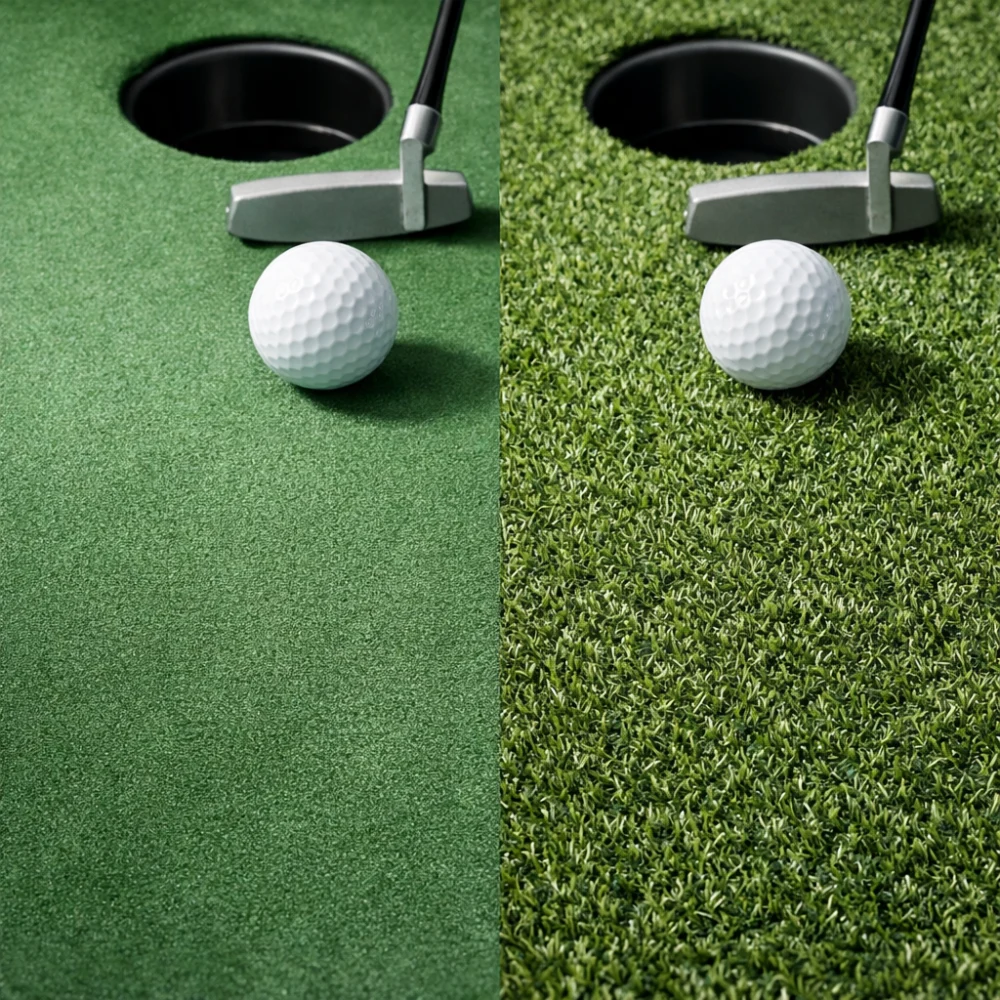 Side-by-side close-up of two golf putting mat surfaces