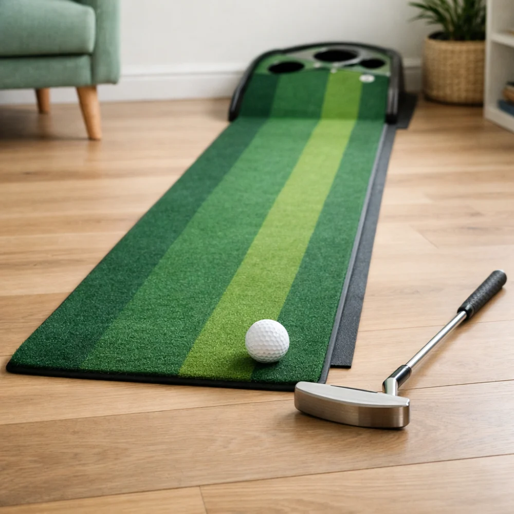 Golf putting mat with a ball and putter in a simple indoor practice setting