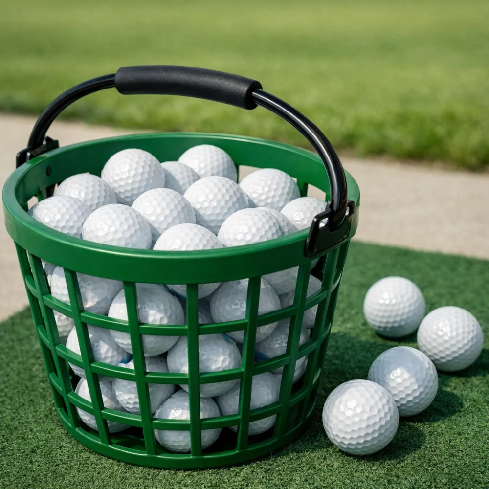 Close-up of a golf range basket handle with golf balls nearby