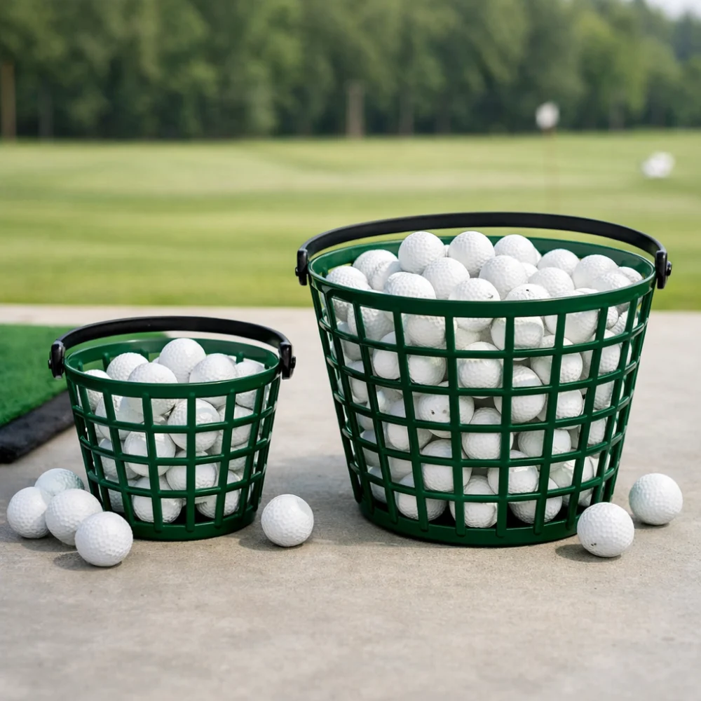 Two golf range baskets with golf balls in a neutral product-style comparison