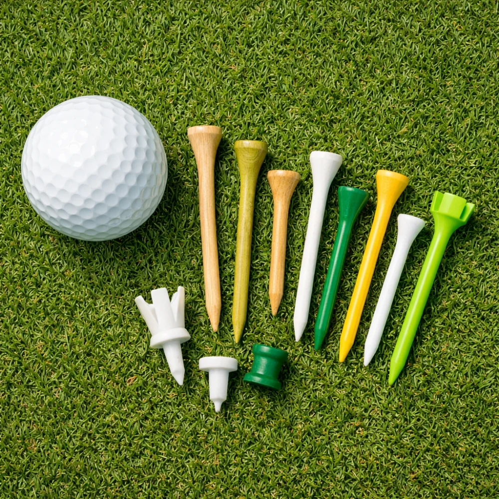 Assorted golf tees beside a golf ball on short grass