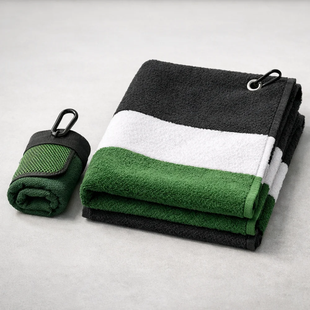Two golf towels folded in different sizes to compare compact and larger styles