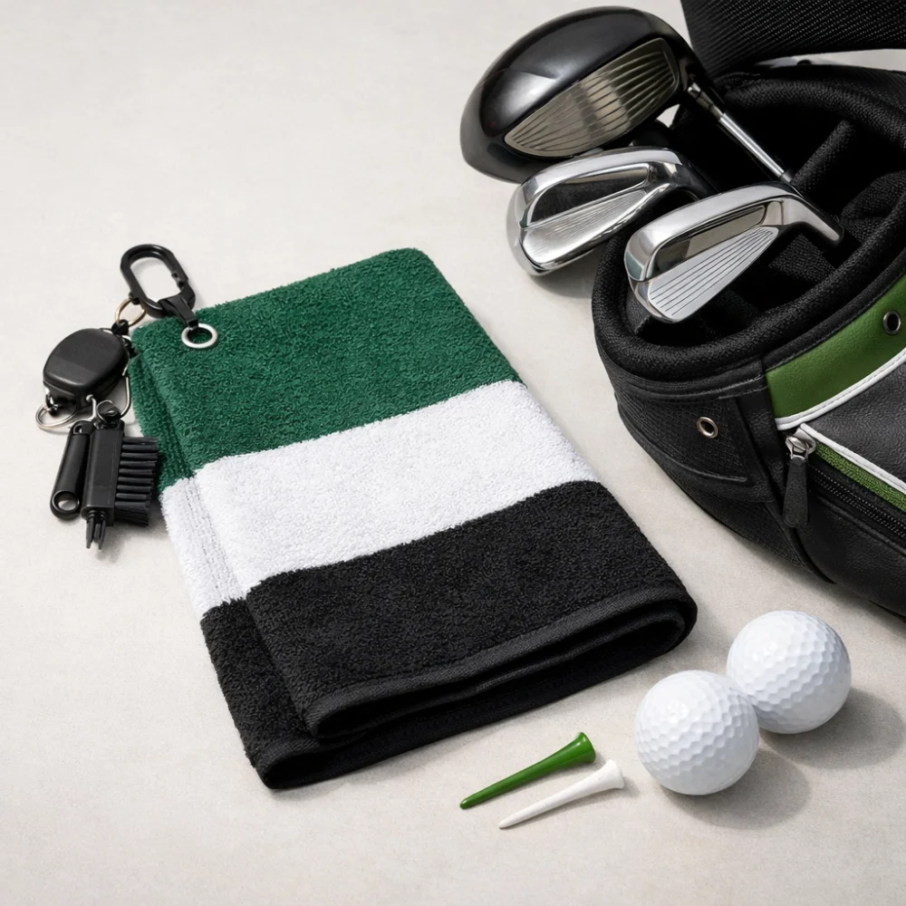 Golf towel hanging beside a golf bag with clubs