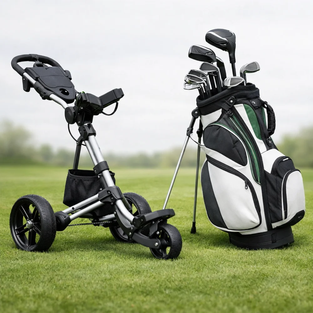 A golf trolley with a golf bag on a grass surface