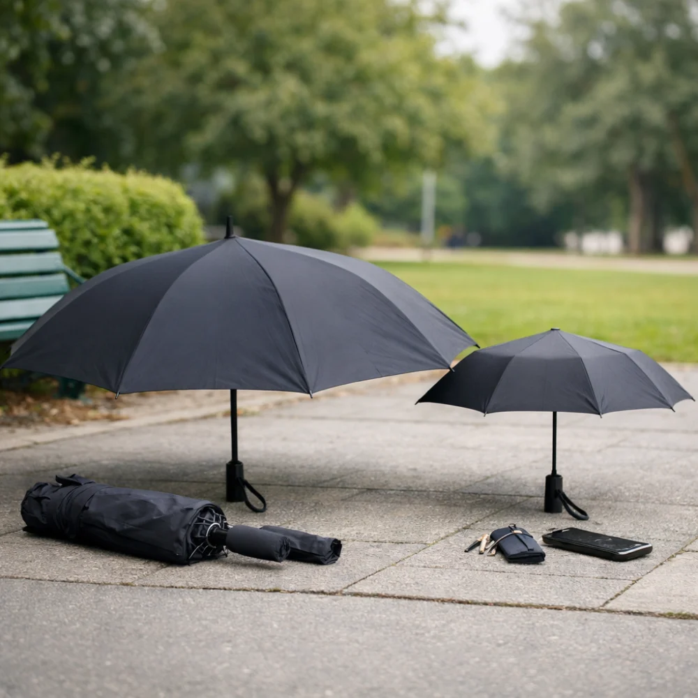 Two unbranded umbrellas compared side by side to show size differences