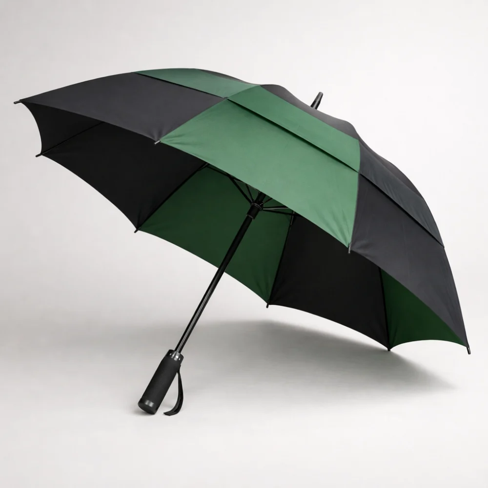 An open golf umbrella shown against a plain neutral background