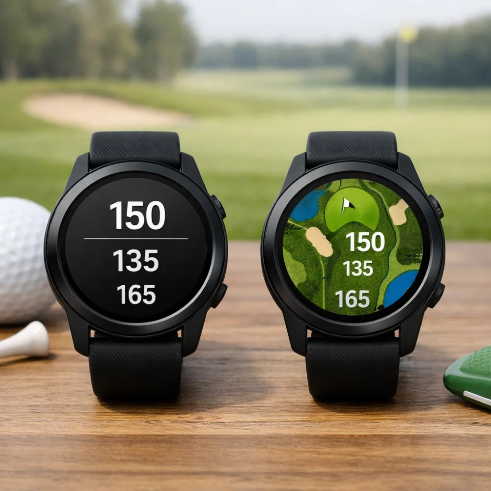 Two golf GPS watches showing different levels of on-screen detail