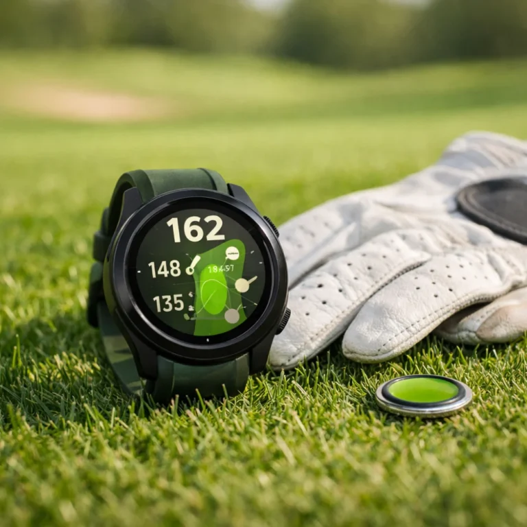 A golf GPS watch beside a golf glove and ball marker on grass