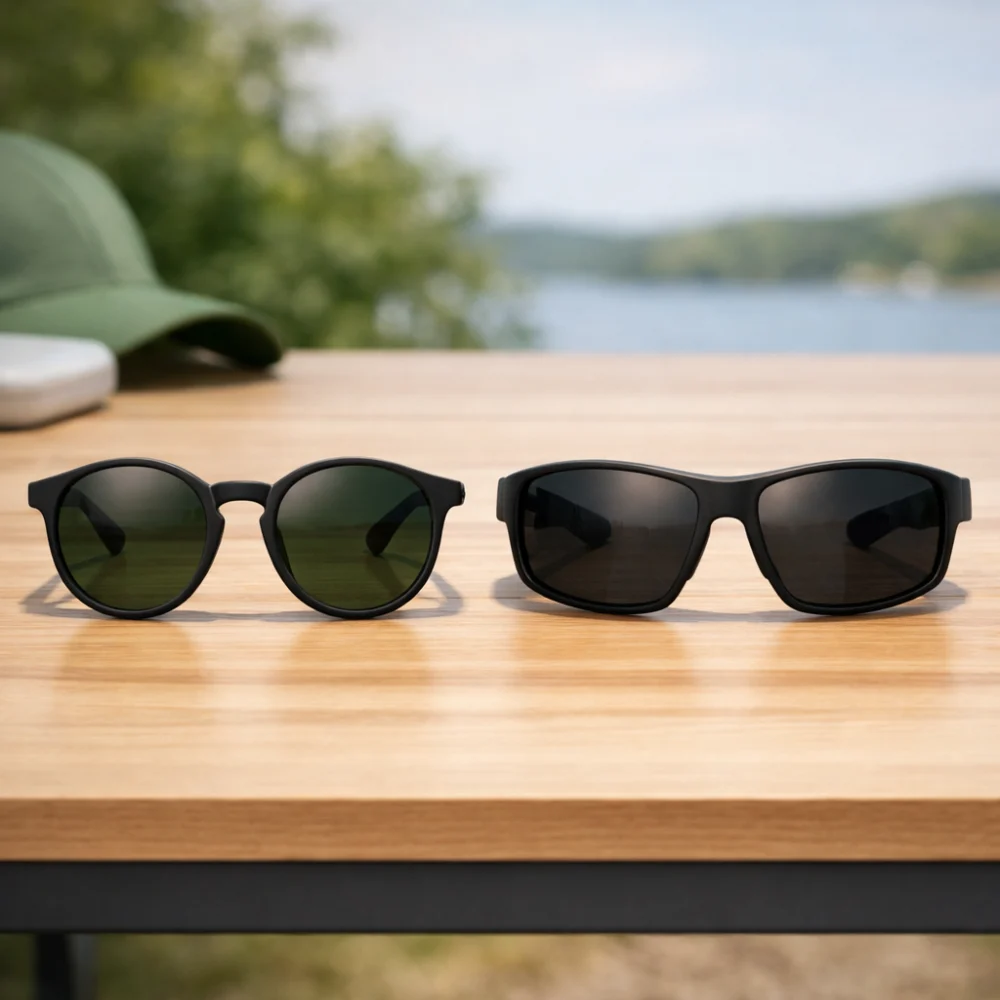 Two unbranded sunglasses frames in different shapes side by side