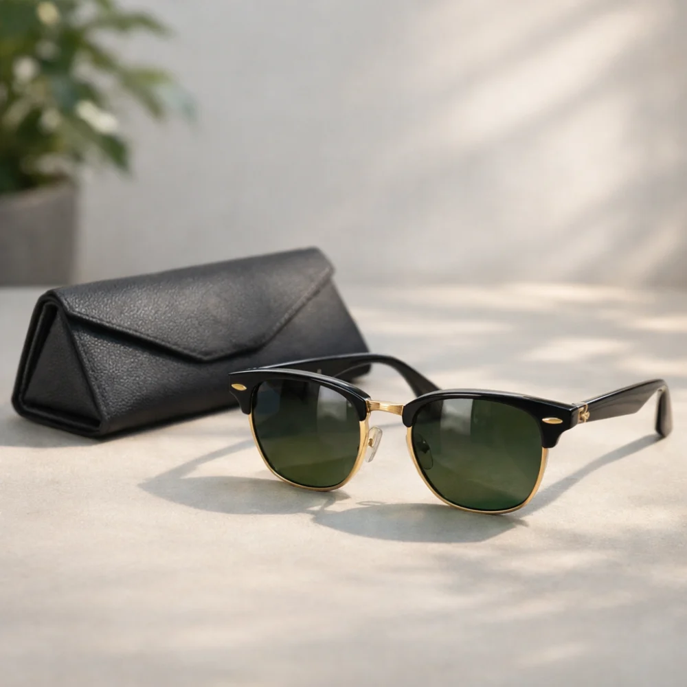 Luxury-style sunglasses and a soft case on a neutral surface