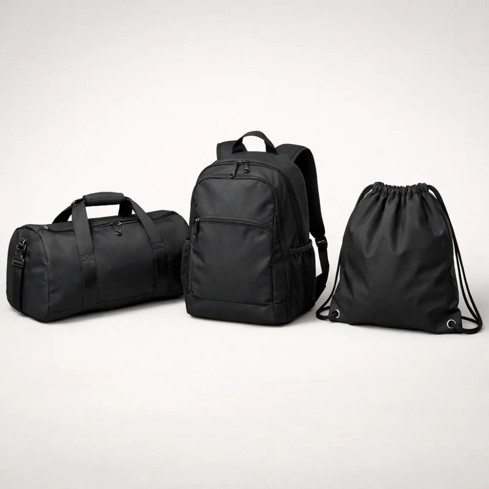 Three unbranded gym bag styles shown side by side on a plain background.