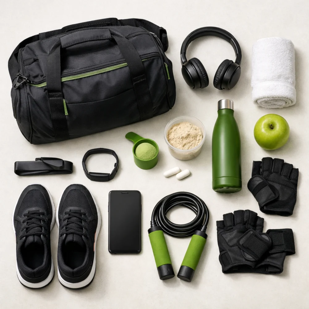 An unbranded gym bag with basic workout items arranged beside it on a neutral background.