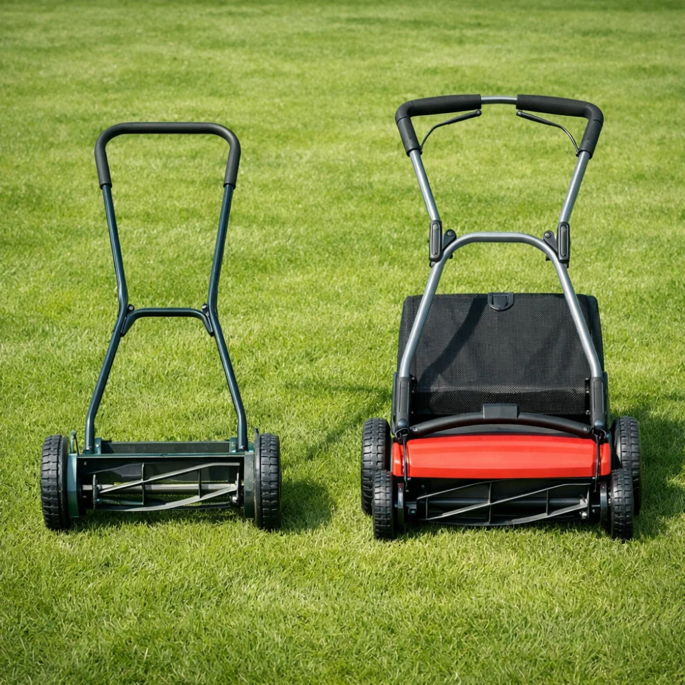 Two hand push lawn mower styles compared side by side