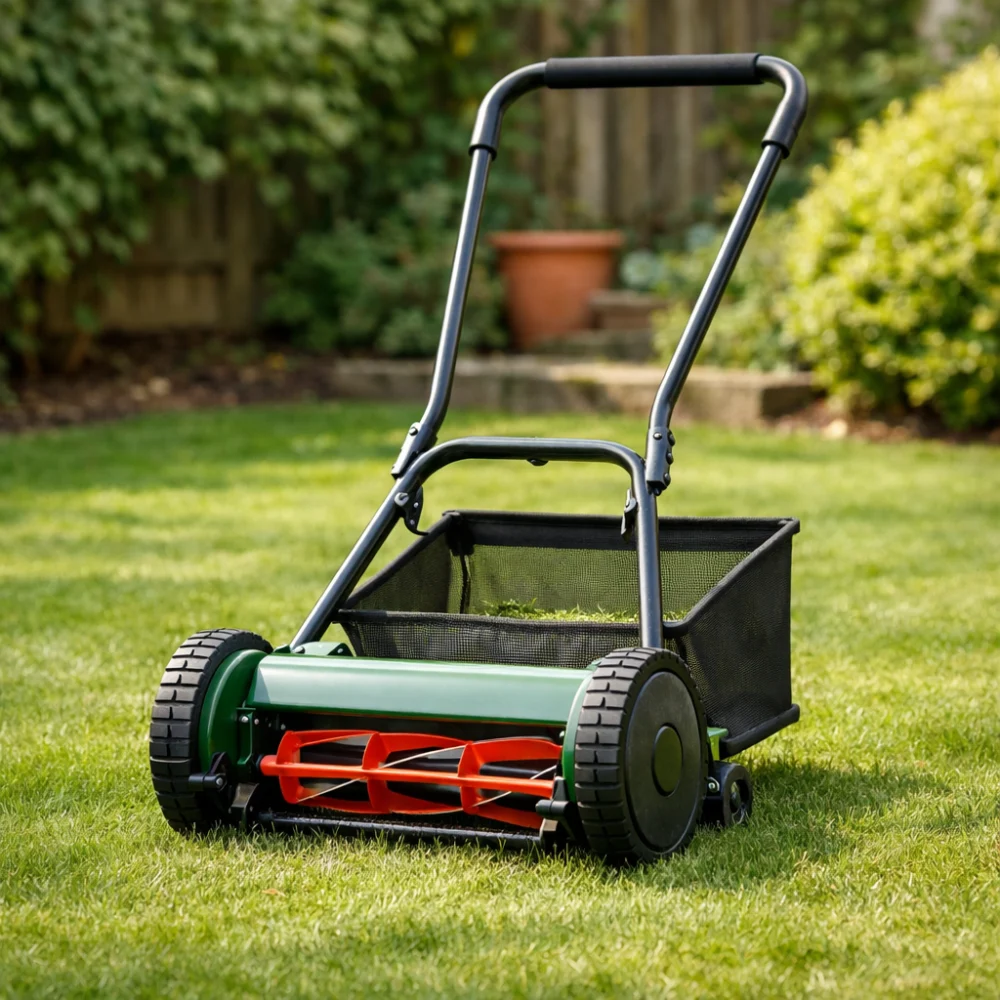 Hand push lawn mower on a neat garden lawn