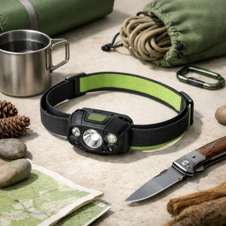 A head torch shown with simple camping items on a neutral background.