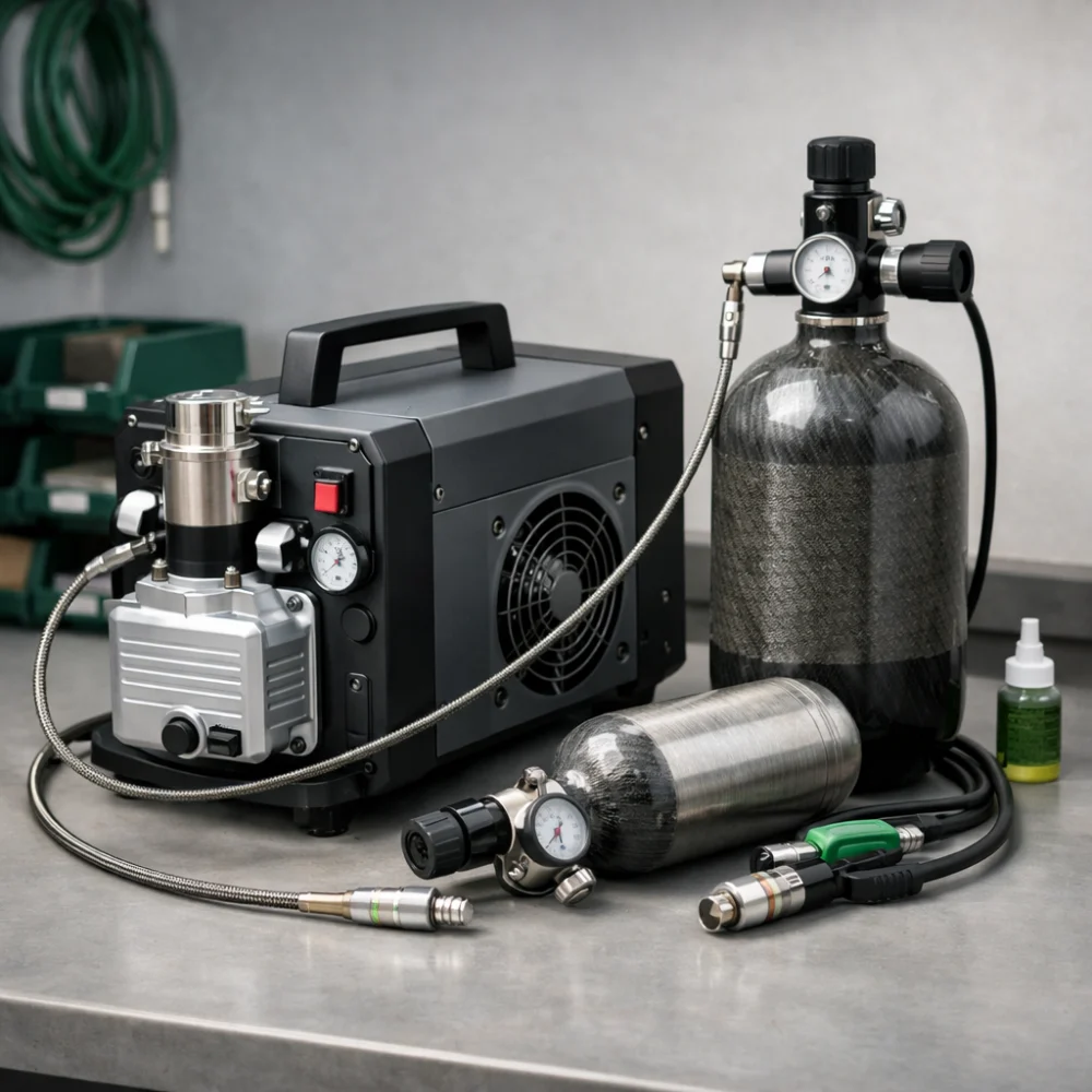 A high pressure air compressor with HPA filling equipment on a plain surface