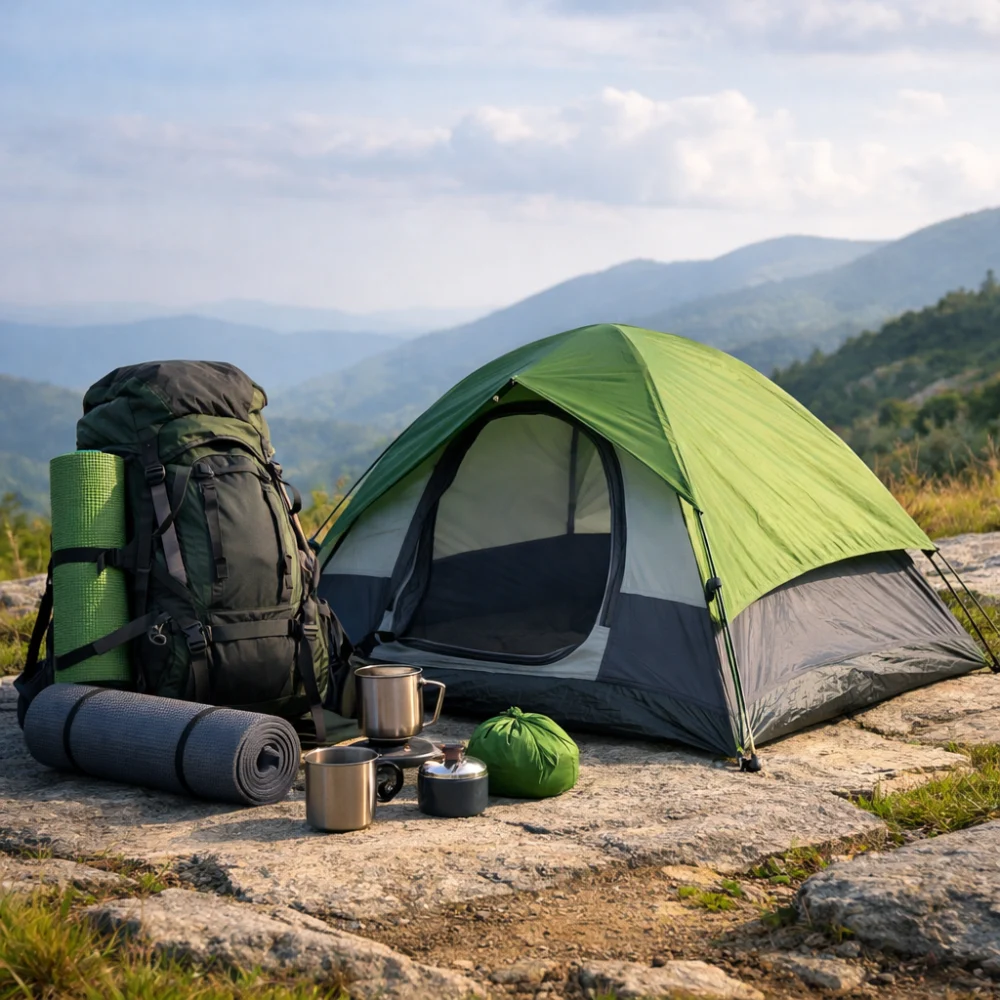 Compact hiking and backpacking tent with rucksack and camping gear on a clean outdoor surface.