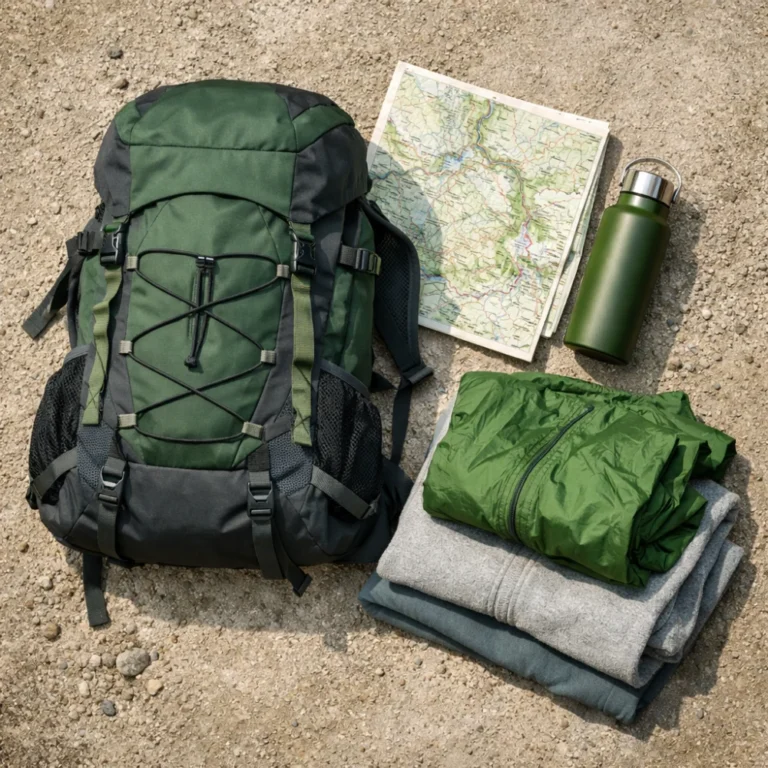 A hiking backpack arranged with outdoor essentials on a simple neutral background.