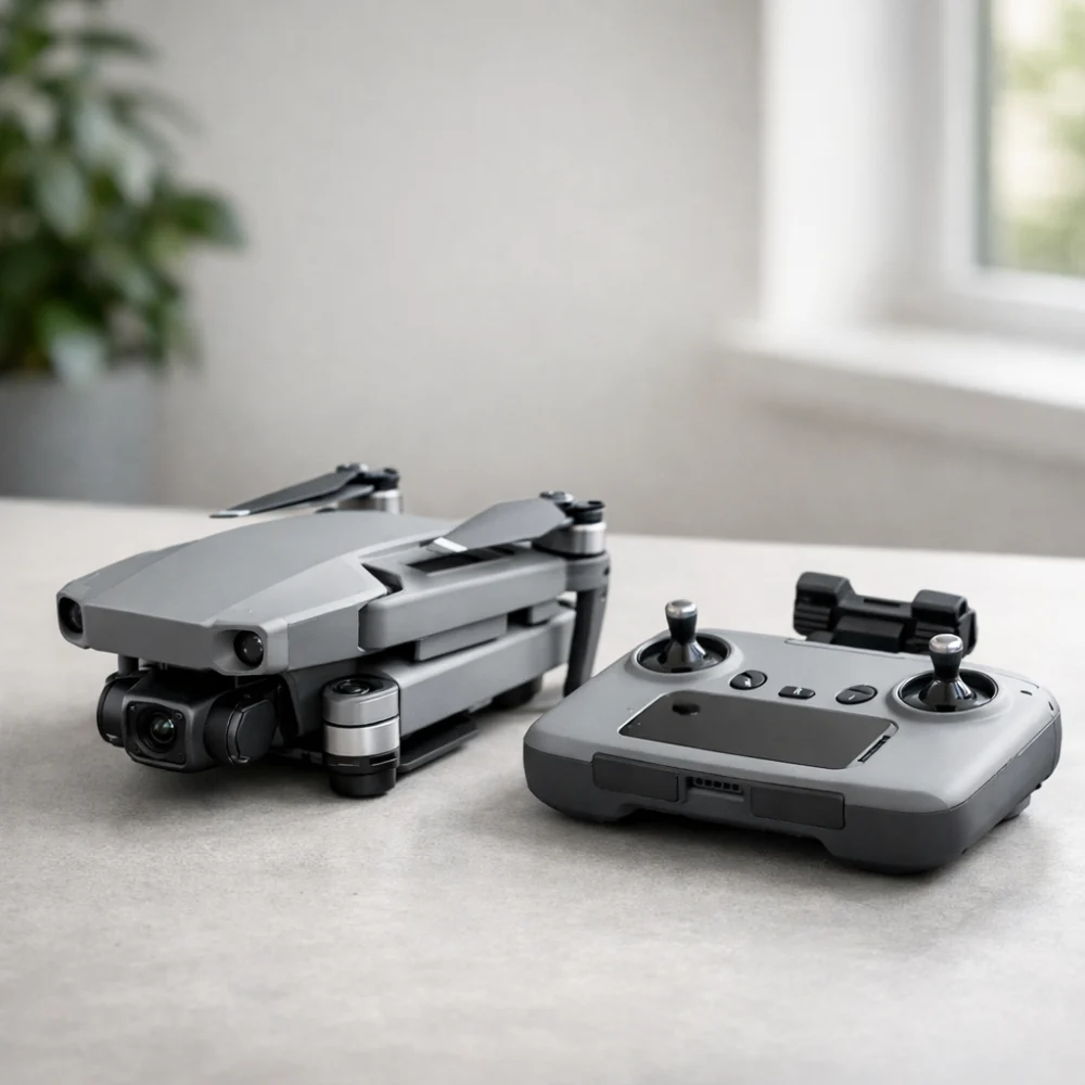A generic foldable drone and controller on a neutral background