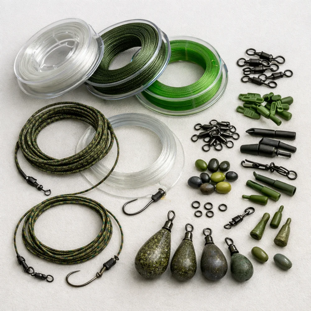 Assorted fishing hooklength and leader materials laid out neatly with terminal tackle on a plain background.