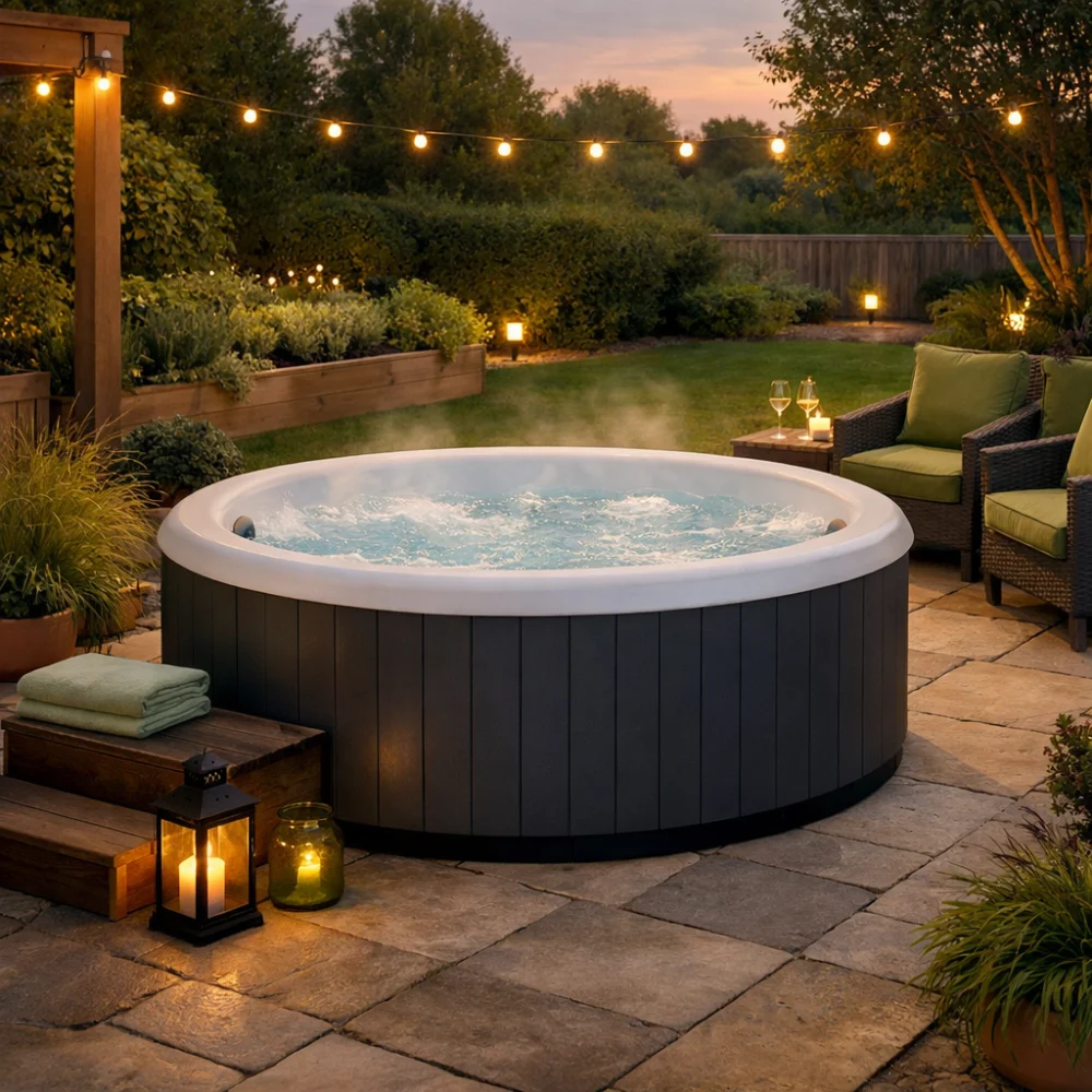 A hot tub set on a garden patio in a calm outdoor setting