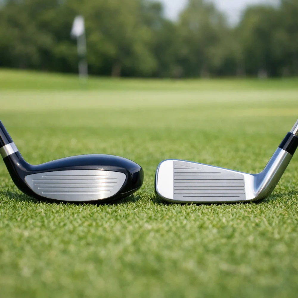 A hybrid golf club compared with a long iron
