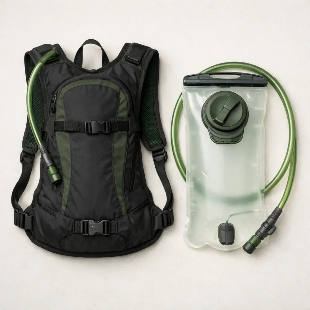 Generic hydration pack with reservoir and hose on a neutral background