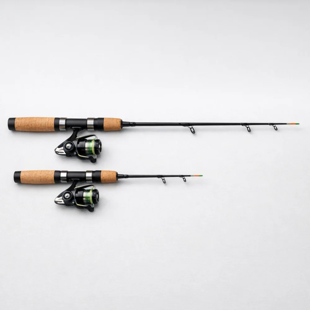 Two ice fishing rods of different lengths shown side by side for comparison.