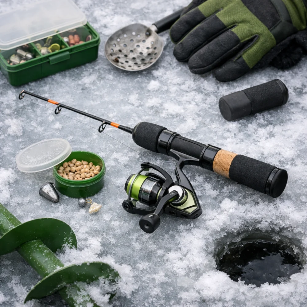 A compact ice fishing rod with winter fishing gear on a cold-toned background.
