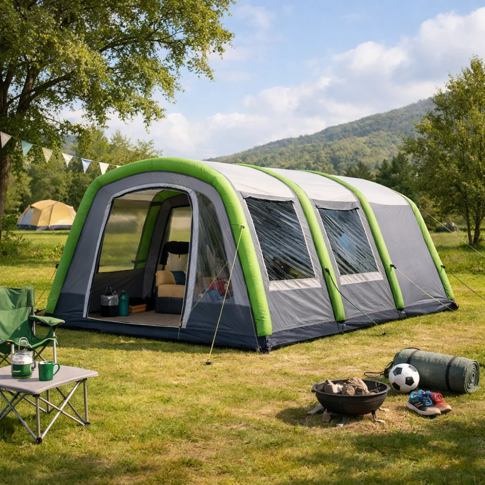 Inflatable camping tent in a simple campsite setting