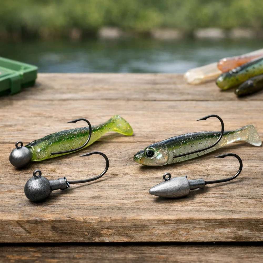 Two different jighead shapes beside soft baits for comparison