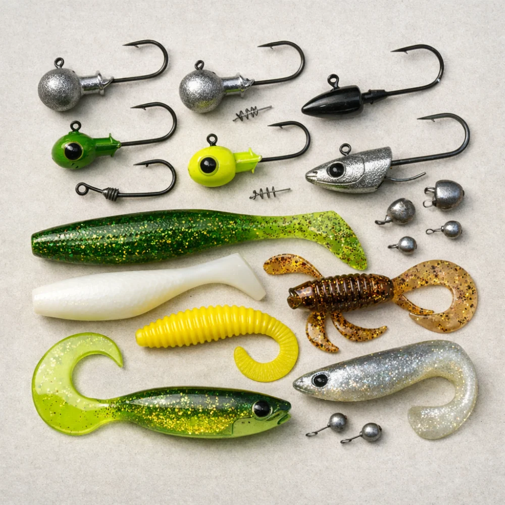 Several fishing jigheads and lure components arranged on a neutral surface