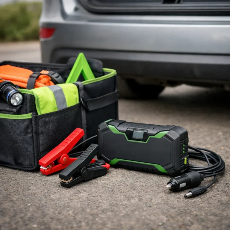 Portable jump starter unit beside a car boot organiser and cable