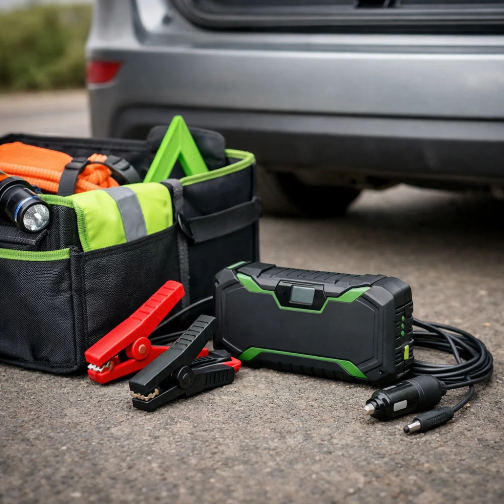 Portable jump starter unit beside a car boot organiser and cable