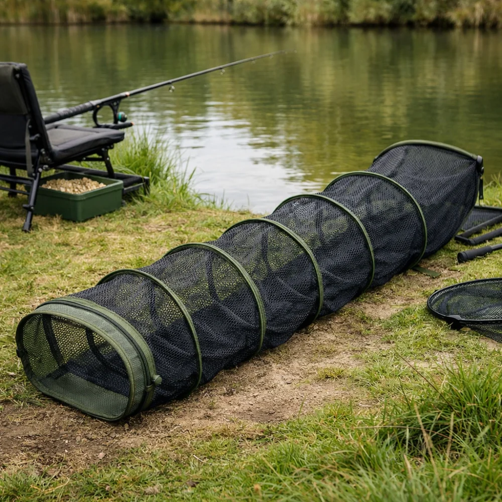 A keep net beside fishing bank gear near the water
