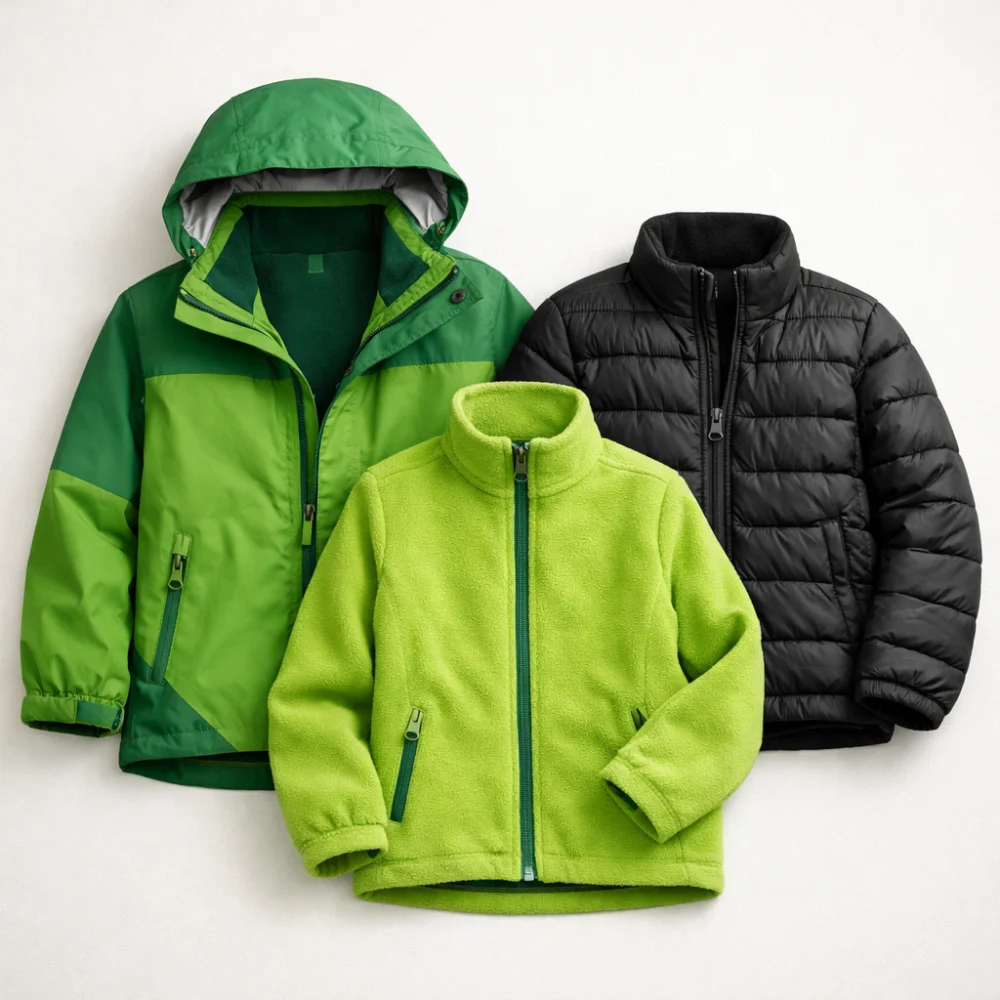 A kids 3 in 1 jacket with a removable inner layer shown on a plain background.