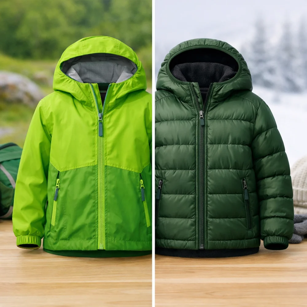 Two child jacket styles shown side by side to compare a lighter shell and a warmer option.