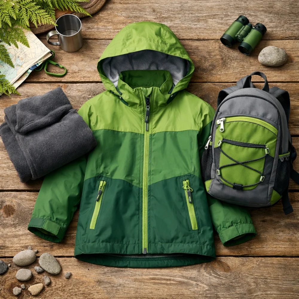 A child-sized breathable jacket with a folded fleece and small backpack in a simple outdoor setup.