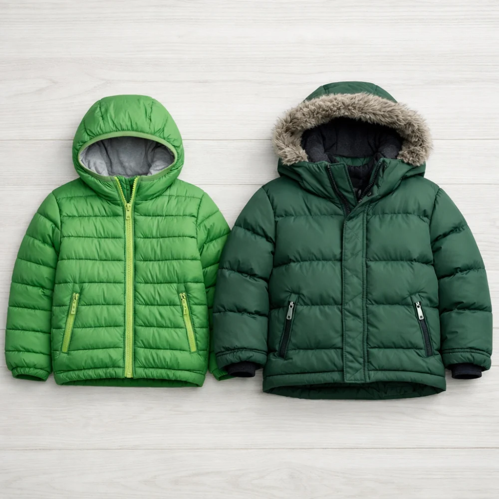 Two generic children’s insulated jackets shown side by side to compare lighter and warmer styles.