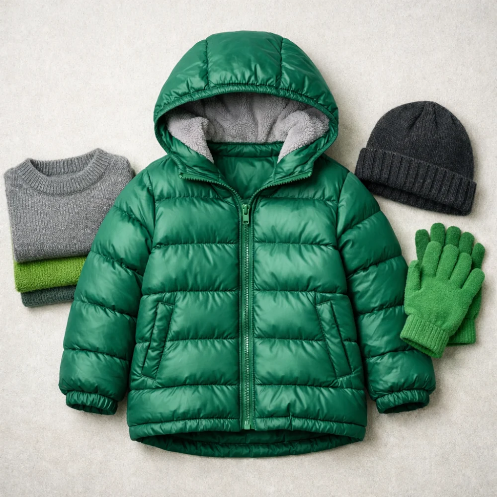A kid’s down jacket displayed with simple winter layers on a neutral background.