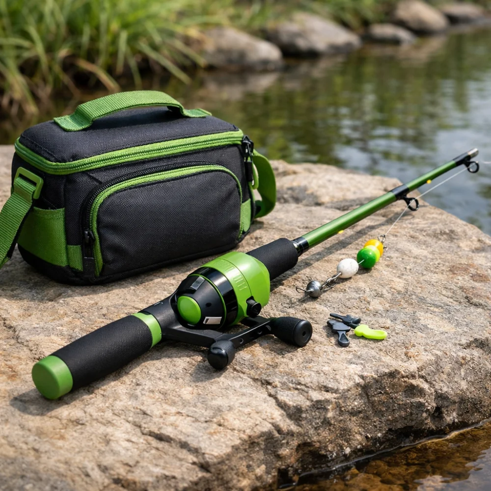 A kids fishing rod and reel setup with a simple carry bag